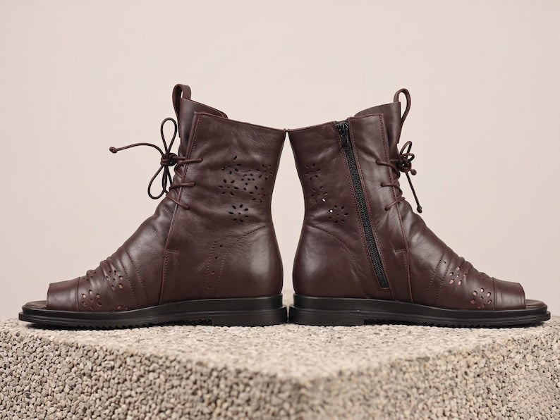 Brown Leather Sandal Boots for Women, Handmade Summer Booties, Peep Toe Ankle Boots, Comfortable Custom Fit Leather Sandals