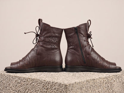 Brown Leather Sandal Boots for Women, Handmade Summer Booties, Peep Toe Ankle Boots, Comfortable Custom Fit Leather Sandals
