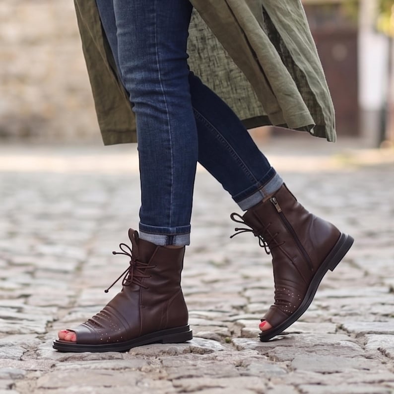 Brown Leather Sandal Boots for Women, Handmade Summer Booties, Peep Toe Ankle Boots, Comfortable Custom Fit Leather Sandals