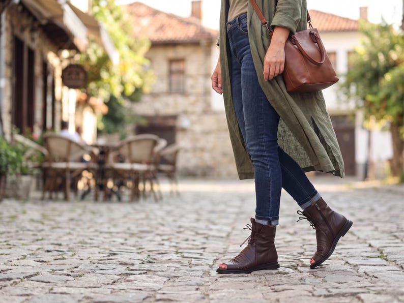 Brown Leather Sandal Boots for Women, Handmade Summer Booties, Peep Toe Ankle Boots, Comfortable Custom Fit Leather Sandals