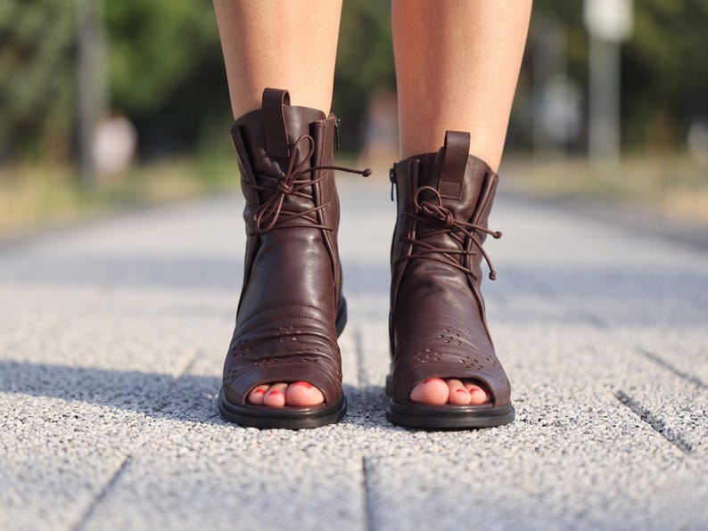 Brown Leather Sandal Boots for Women, Handmade Summer Booties, Peep Toe Ankle Boots, Comfortable Custom Fit Leather Sandals