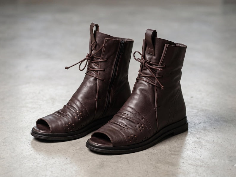 Brown Leather Sandal Boots for Women, Handmade Summer Booties, Peep Toe Ankle Boots, Comfortable Custom Fit Leather Sandals