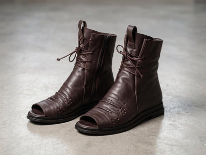 Brown Leather Sandal Boots for Women, Handmade Summer Booties, Peep Toe Ankle Boots, Comfortable Custom Fit Leather Sandals