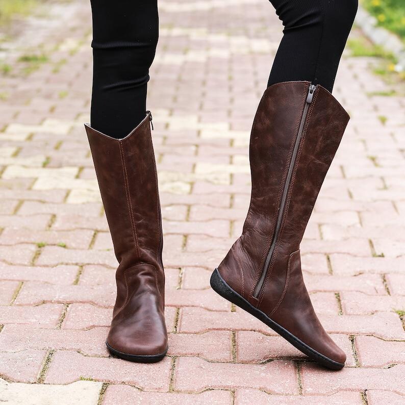 Handmade Dark Brown Crazy Leather Knee-High Wider Boots: Women's Barefoot Zero Drop Shoes