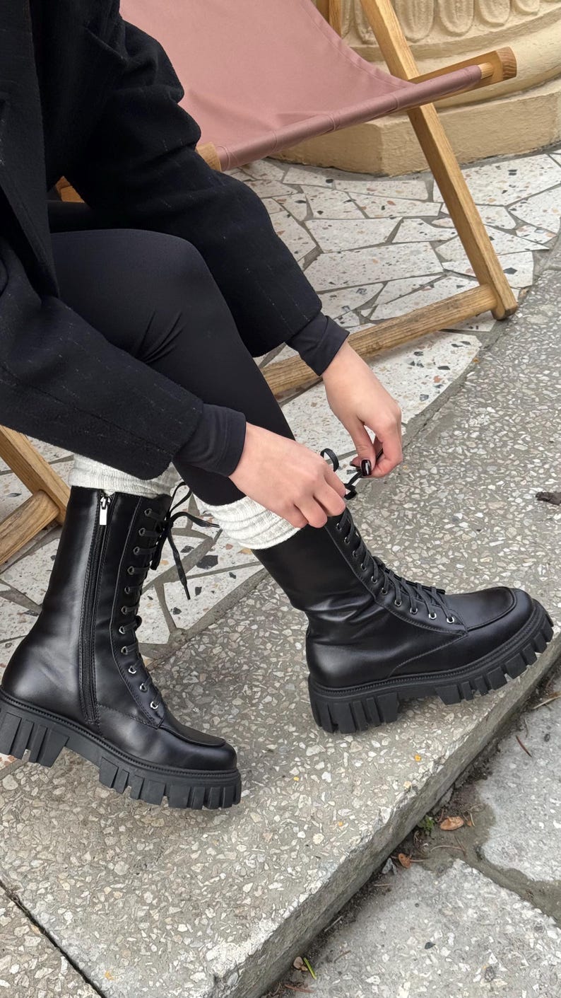 Handmade chunky goth boots for women, platform military combat boots, high black leather brutal boots with wide round toe box