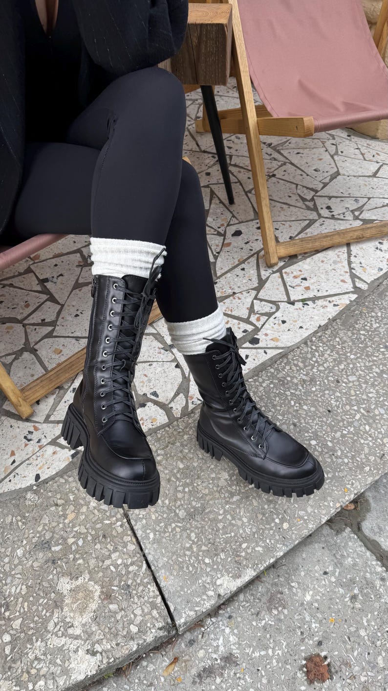 Handmade chunky goth boots for women, platform military combat boots, high black leather brutal boots with wide round toe box