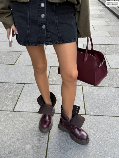 Women's lace-up Combat boots, Leather Suede Mid Calf Booties, Fleece Lined lug sole Shoes, Casual Fall Winter Footwear Burgundy color