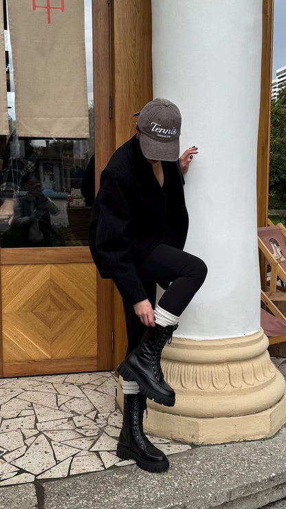 Handmade chunky goth boots for women, platform military combat boots, high black leather brutal boots with wide round toe box