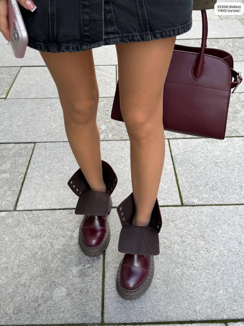 Women's lace-up Combat boots, Leather Suede Mid Calf Booties, Fleece Lined lug sole Shoes, Casual Fall Winter Footwear Burgundy color