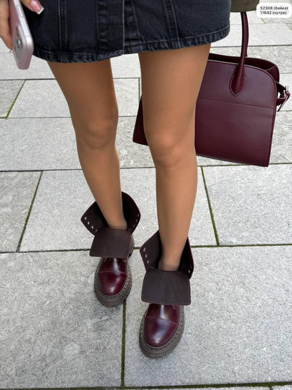 Women's lace-up Combat boots, Leather Suede Mid Calf Booties, Fleece Lined lug sole Shoes, Casual Fall Winter Footwear Burgundy color