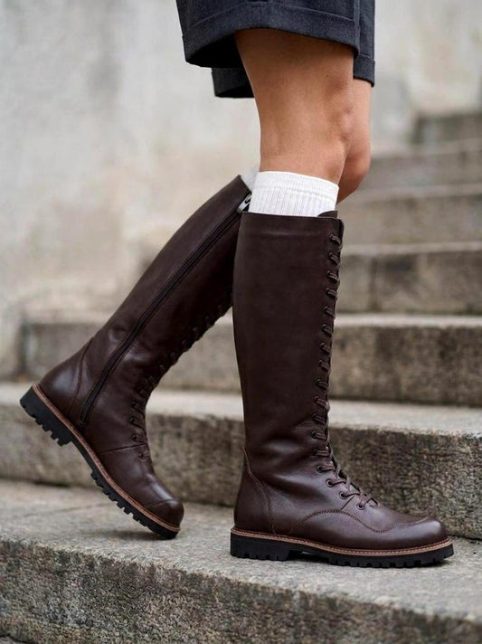 Handmade Dark Brown Crazy Leather Knee-high Wider Boots: Women's Barefoot Zero Drop Shoes