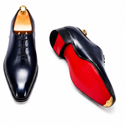 Black Wholecut Oxford Shoes — Handmade, Red Leather Sole | PelleVista