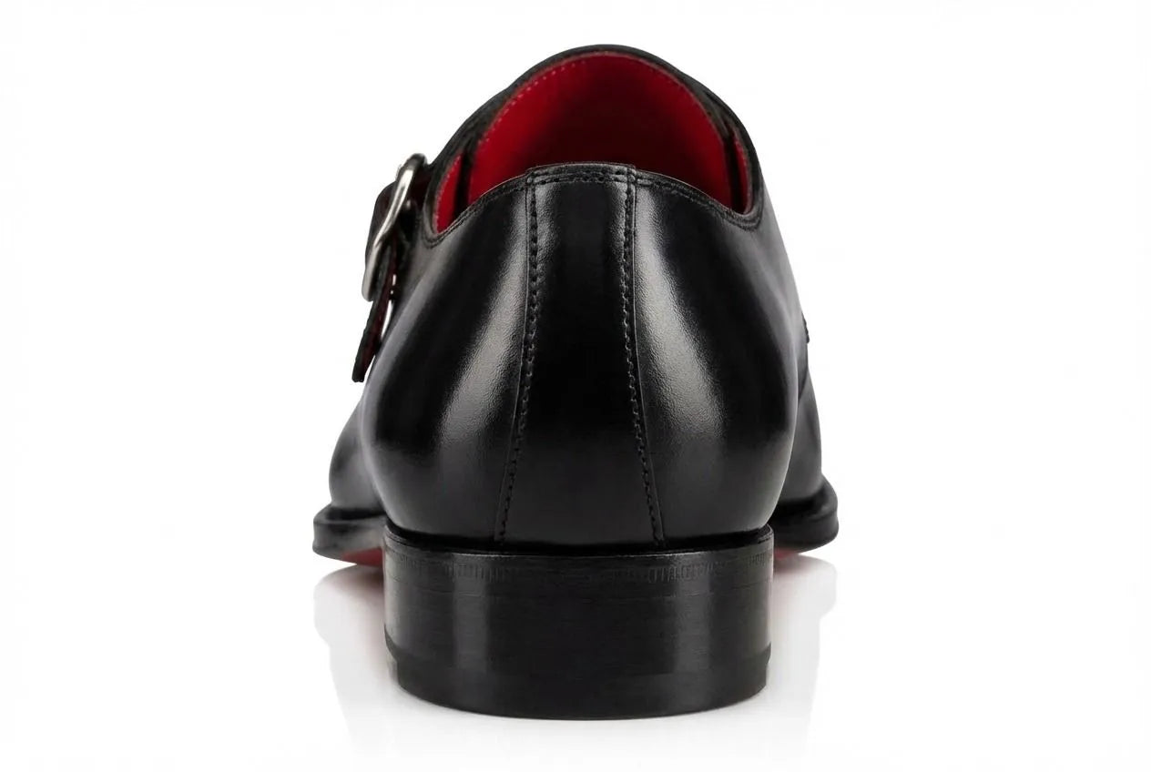 Pellevista Men's Black Leather Monk Strap Dress Shoes — Red Sole