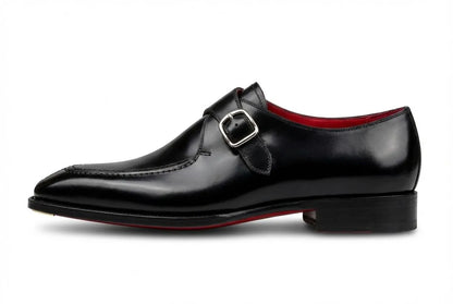 Pellevista Men's Black Leather Monk Strap Dress Shoes — Red Sole