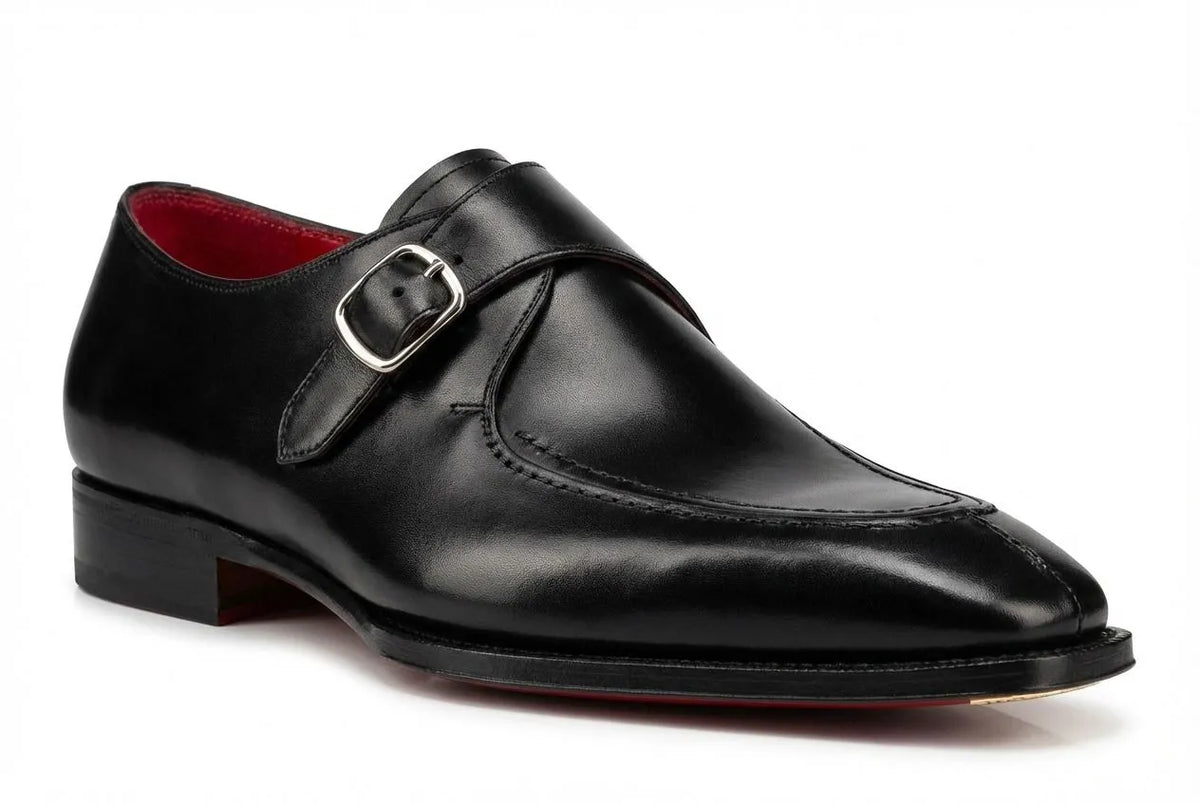 Pellevista Men's Black Leather Monk Strap Dress Shoes — Red Sole