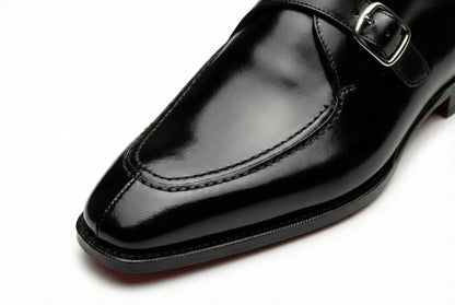 Pellevista Men's Black Leather Monk Strap Dress Shoes — Red Sole
